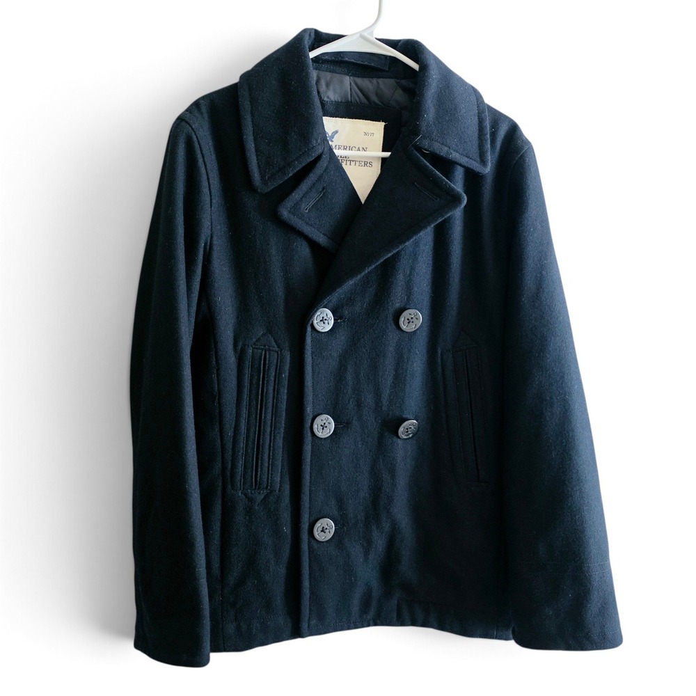 American Eagle Outfitters Black Wool Blend Pea Coat Anchor Buttons Women's XS